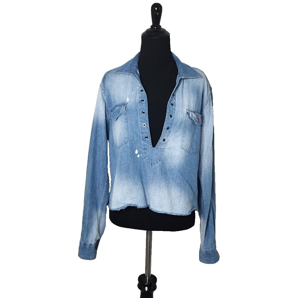 Women's Lace-Up Denim Shirt Light Wash Stretch Size S